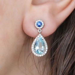 Halo Pear Cut Aquamarine Drop Earrings For Women