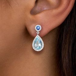 Halo Pear Cut Aquamarine Drop Earrings For Women
