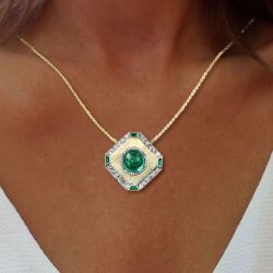 Milgrain Two Tone Halo Round Cut Emerald Sapphire Pendant Necklace For Women  