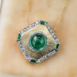 Milgrain Two Tone Halo Round Cut Emerald Sapphire Pendant Necklace For Women  