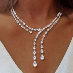 Layer Design Pear Cut White Sapphire Lariat Necklace Wedding Necklace For Women Wedding Jewelry 29.8 Ct 