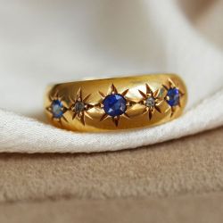 Gold Round Cut Blue Sapphire Sapphire Bridal Jewelry Wedding Band For Women