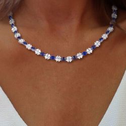 Cluster Design Oval Cut Blue Sapphire Choker Necklace Wedding Necklace For Women Wedding Jewelry