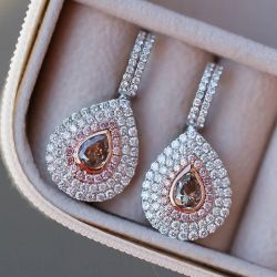 Two Tone Halo Bezel Pear Cut Brown Sapphire Earrings Bridal Jewelry Drop Earrings For Women