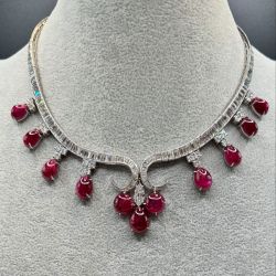Vintage Pear Cut Ruby Sapphire Wedding Necklace For Women Luxury Jewelry 71.5 Ct 