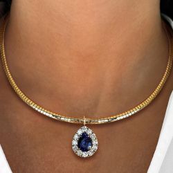 Halo Gold Chain Pear Cut Blue Sapphire Gold Necklace Pendant Necklace Wedding Jewelry For Women 4.8 Ct 