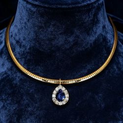 Halo Gold Chain Pear Cut Blue Sapphire Gold Necklace Pendant Necklace Wedding Jewelry For Women 4.8 Ct 