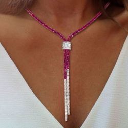 20.4 Ct Lariat Design Baguette Cut Ruby Sapphire Lariat Necklace Bridal Jewelry Wedding Necklace For Women