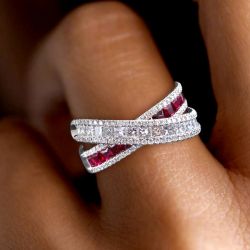 Princess Cut White & Ruby Sapphire Cross Wedding Band For Women Wedding Jewelry 3.69 Ct 