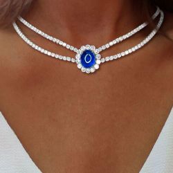 Double Row Golden Halo Oval Cut Blue Sapphire Wedding Necklace For Women  