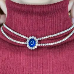 Double Row Golden Halo Oval Cut Blue Sapphire Wedding Necklace For Women  