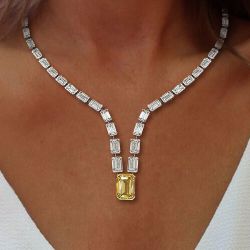 Two Tone Emerald Cut Yellow Sapphire Necklace For Women Luxury Jewelry 23.1 Ct 