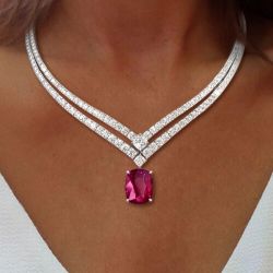 Double Row Cushion Cut Ruby Sapphire Wedding Necklace For Women Wedding Jewelry 