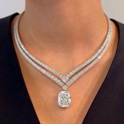 Double Row Cushion Cut White Sapphire Wedding Necklace Luxury Jewelry For Women 35.5 Ct 