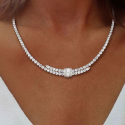 Round Cut White Sapphire Tennis Necklace For Women Luxury Jewelry 15.29 Ct 