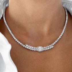 Round Cut White Sapphire Tennis Necklace For Women Luxury Jewelry 15.29 Ct 