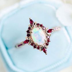 Rose Gold Halo Oval Cut Opal & Ruby Engagement Ring For Women Luxury Jewelry 2.2 Ct 