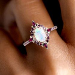Rose Gold Halo Oval Cut Opal & Ruby Engagement Ring For Women Luxury Jewelry 2.2 Ct 