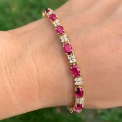 Golden Oval Cut Ruby Sapphire Tennis Bracelet For Women Wedding Jewelry 6.14 Ct 