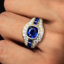 Golden Cushion Cut Blue Sapphire Engagement Ring For Men Wedding Jewelry 5.06 Ct 