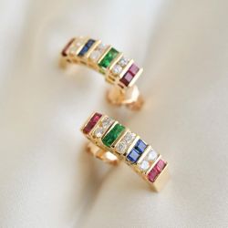 Golden Asscher Cut Multi-Colored Hoop Earrings Wedding Jewelry For Women
