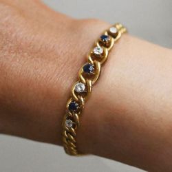 Golden Round Cut Blue Sapphire Curb Link Bracelet Wedding Jewelry For Women