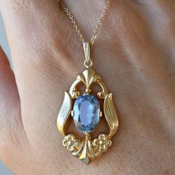 Golden Antique Oval Cut Blue Topaz Pendant Necklace For Women 2.4 Ct 