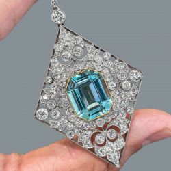 Two Tone Antiques Milgrain Emerald Cut Aquamarine Pendant Necklace For Women