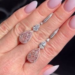 Halo Two Tone Pear Cut Pink Sapphire Luxury Jewelry Drop Earrings For Women 14.4 Ct 
