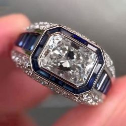 Bezel Emerald Cut White & Blue Sapphire Wedding Jewelry Engagement Ring For Men