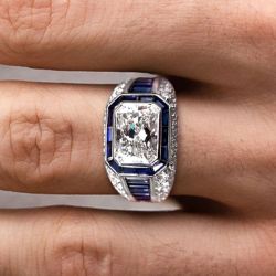 Bezel Emerald Cut White & Blue Sapphire Wedding Jewelry Engagement Ring For Men