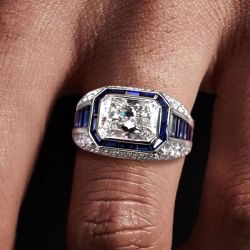 Bezel Emerald Cut White & Blue Sapphire Wedding Jewelry Engagement Ring For Men