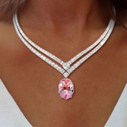 Double Row Oval Cut Pink Sapphire Wedding Necklace Bridal Jewelry For Women 