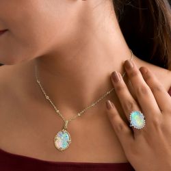 Halo Oval Cut Opal Necklace & Ring Sets For Women