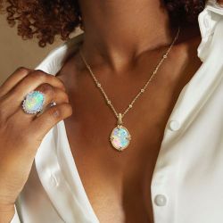 Halo Oval Cut Opal Necklace & Ring Sets For Women