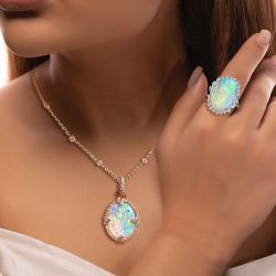 Halo Oval Cut Opal Necklace & Ring Sets For Women