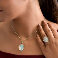 Halo Golden Oval Cut Opal Necklace & Ring Sets For Women