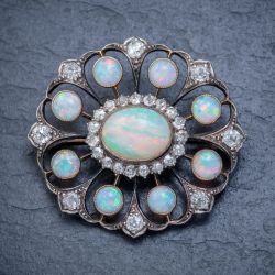 Two Tone Antique Halo Oval & Round Cut Opal Brooch For Women