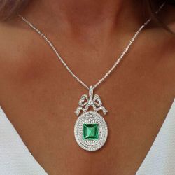 Art Deco Three Halo Asscher Cut Emerald Sapphire Pendant Necklace For Women