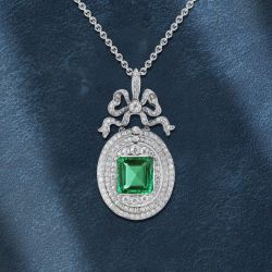 Art Deco Three Halo Asscher Cut Emerald Sapphire Pendant Necklace For Women