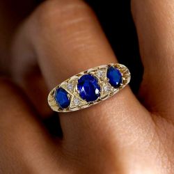 Golden Antique Oval Cut Blue Sapphire Engagement Ring For Women Wedding Jewelry 