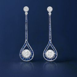 Art Deco Halo Round Cut White & Blue Sapphire Drop Earrings For Women