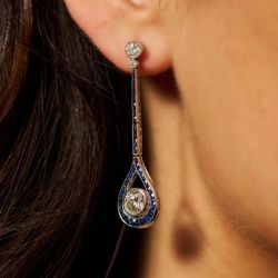 Art Deco Halo Round Cut White & Blue Sapphire Drop Earrings For Women