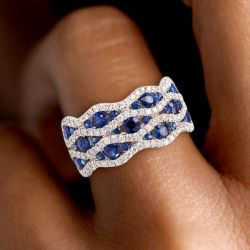 Multi Row Half Eternity Round Cut Blue Sapphire Wave Wedding Band For Women