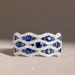 Multi Row Half Eternity Round Cut Blue Sapphire Wave Wedding Band For Women