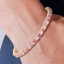 Classic Golden Oval Cut Pink Sapphire Tennis Bracelet Wedding Jewelry For Women