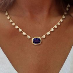 Bezel Golden Cushion Cut Blue Sapphire Tennis Necklace Wedding Necklace For Women