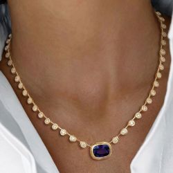 Bezel Golden Cushion Cut Blue Sapphire Tennis Necklace Wedding Necklace For Women