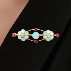Golden Round Cut Opal & Ruby Sapphire Brooch For Women Wedding Jewelry