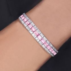Milgrain Emerald Cut Pink Sapphire Tennis Bracelet For Women